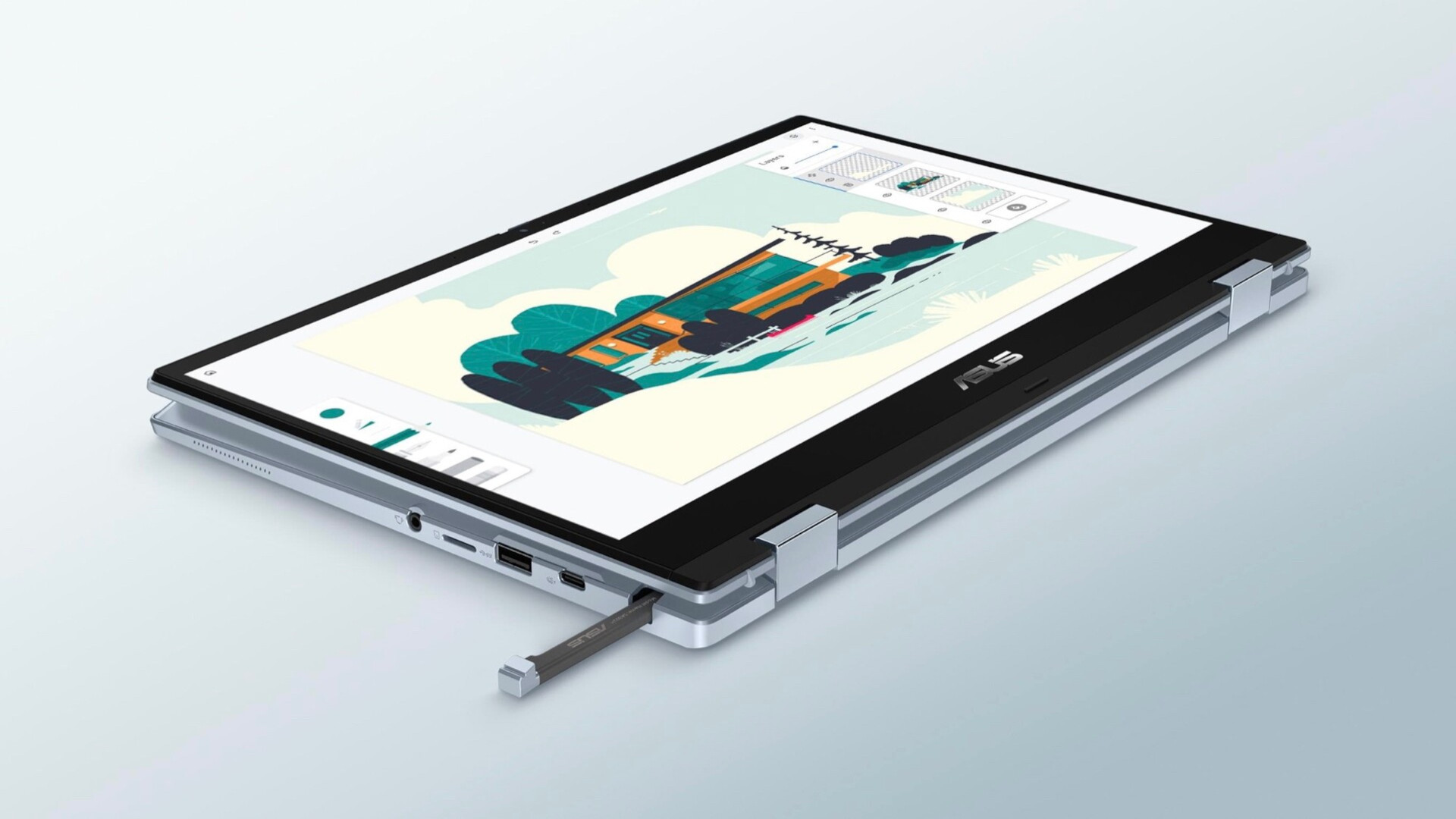 best chromebooks - an image of the asus flip cx3 chromebook in it's flat tablet configuration